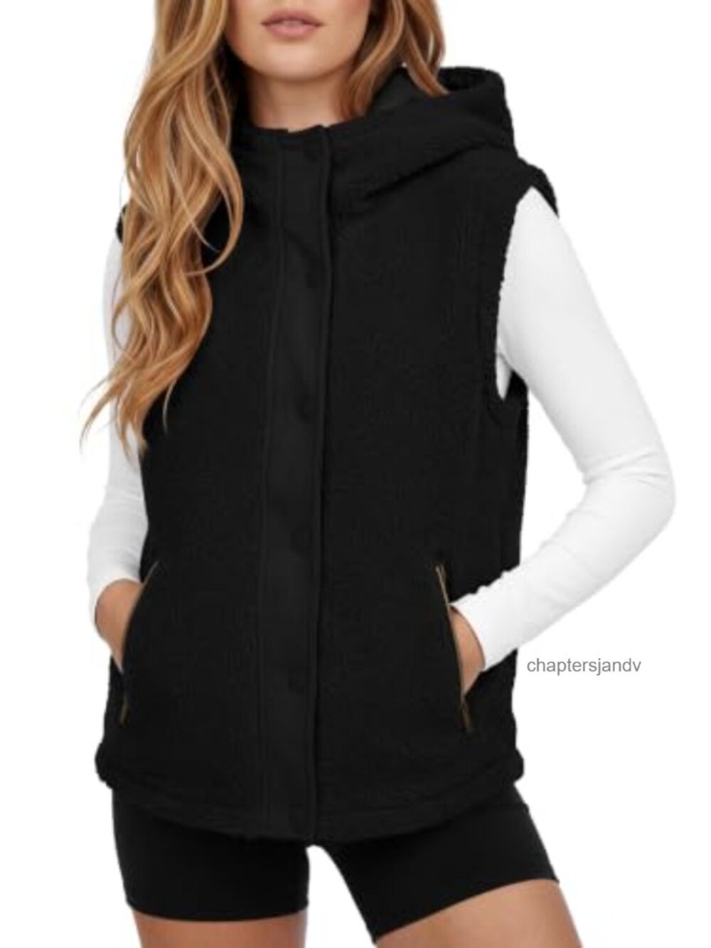 Sherpa Fleece Vest Oversized Hooded Sleeveless Snap Button Pockets